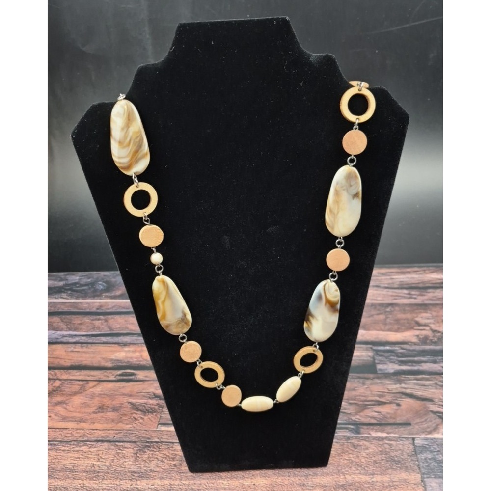 Long Necklace 36" Rings Beads Faux‎ Stones Earth Tones Wood Circles Boho Layer